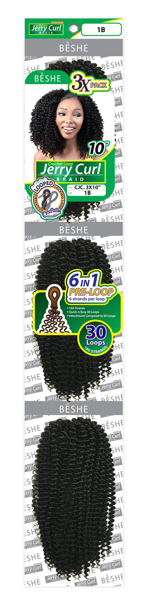 Beshe Synthetic 3X Pre-Looped Jerry Curl Crochet Braid 10" CJC.3X10