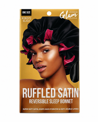 Thumbnail for Donna Glam Ruffled Satin Reversible Sleep Bonnet – Black 26372