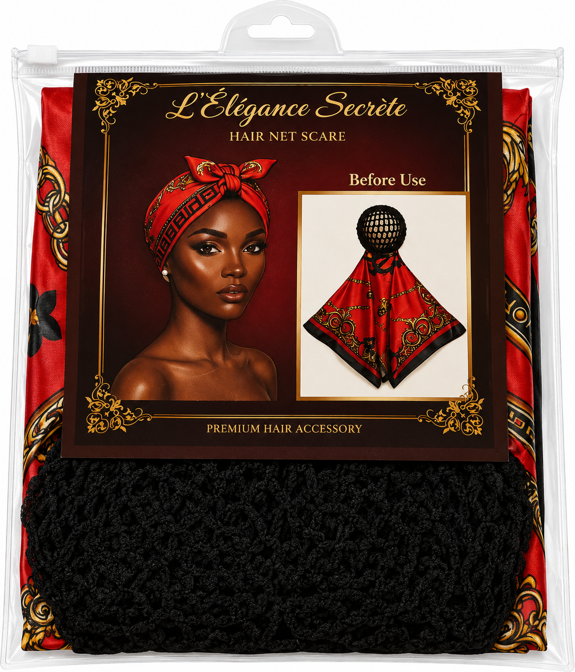 L'Élégance Secrète Hair Net Scarf – Satin Head Wrap with Built-In Stretch Hair Net | Red & Gold Chain Print HN021
