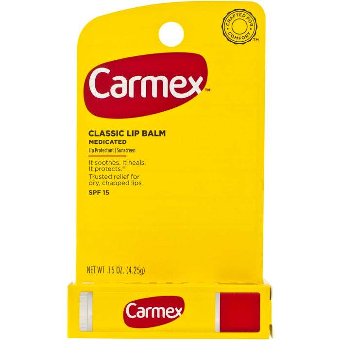 Carmex Classic Medicated Lip Balm Stick 0.15 oz – SPF 15 Moisturizing Protection for Dry Lips