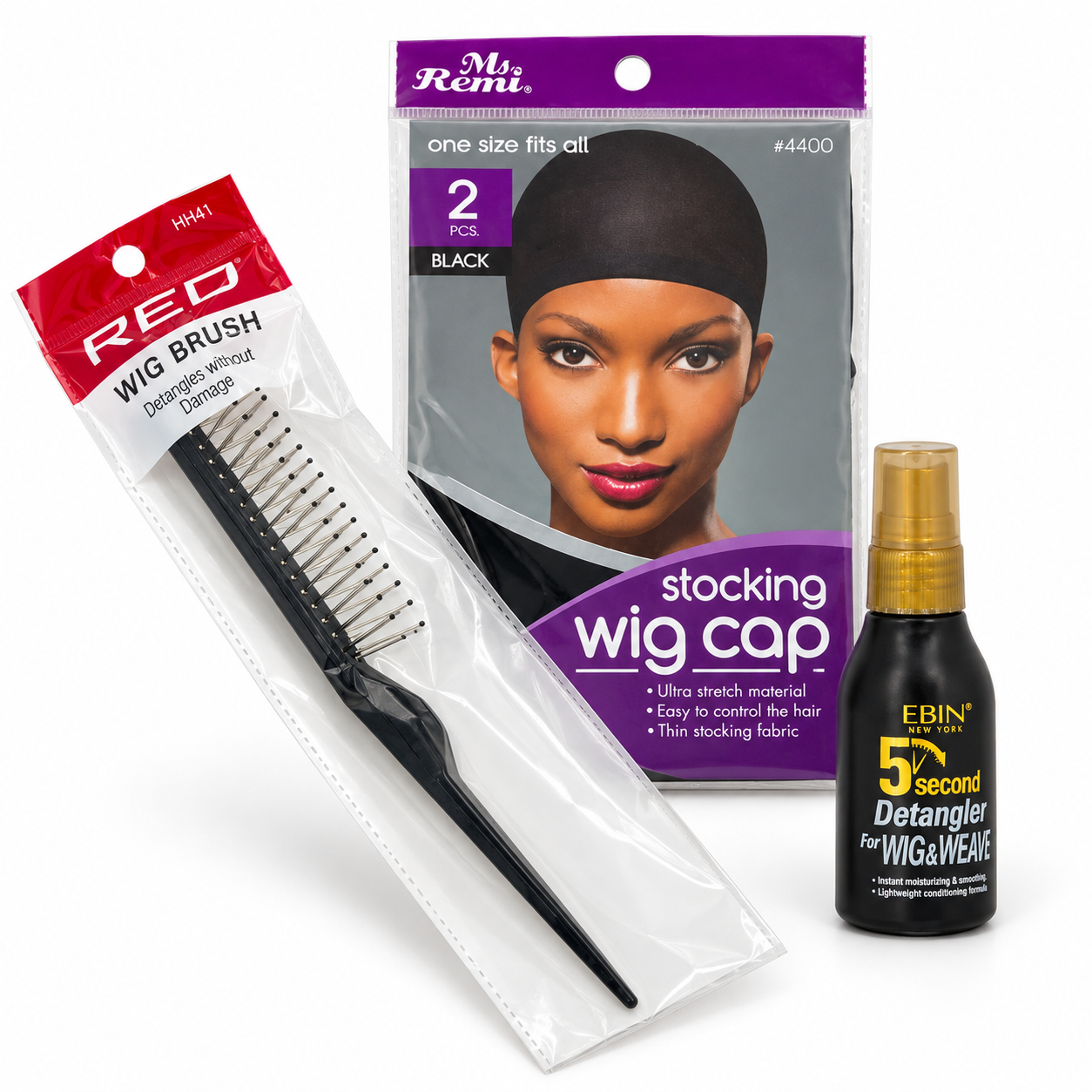 Wig Care Essentials Kit – Wig Brush, 2-Pack Stocking Wig Caps & 5 Second Detangler