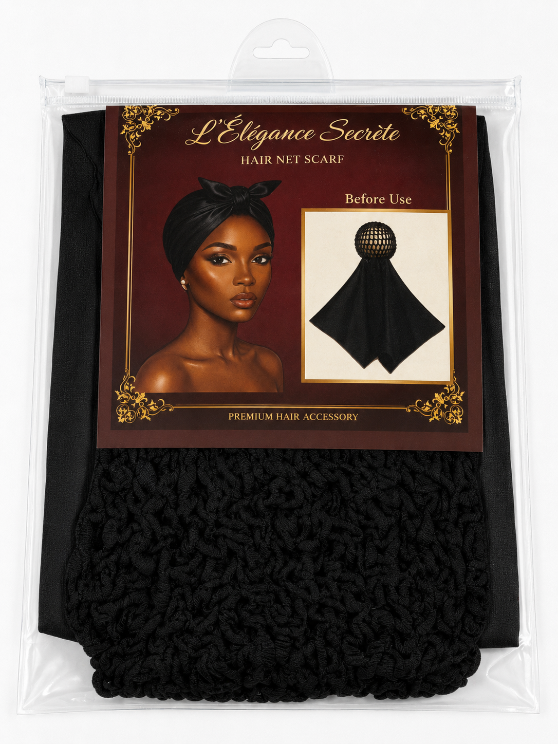 L'Élégance Secrète Hair Net Scarf Wrap Cap – Satin Tie Hair Wrap with Built-In Stretch Net – Black