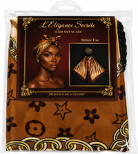 Thumbnail for L'Élégance Secrète Hair Net Scarf – Satin Head Wrap with Built-In Stretch Hair Net | Brown Monogram Chain Print HN022