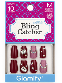 Thumbnail for Glamify Bling Catcher Press On Nails Coffin Medium Burgundy Crystal Accent NTBC02 - Elevate Styles