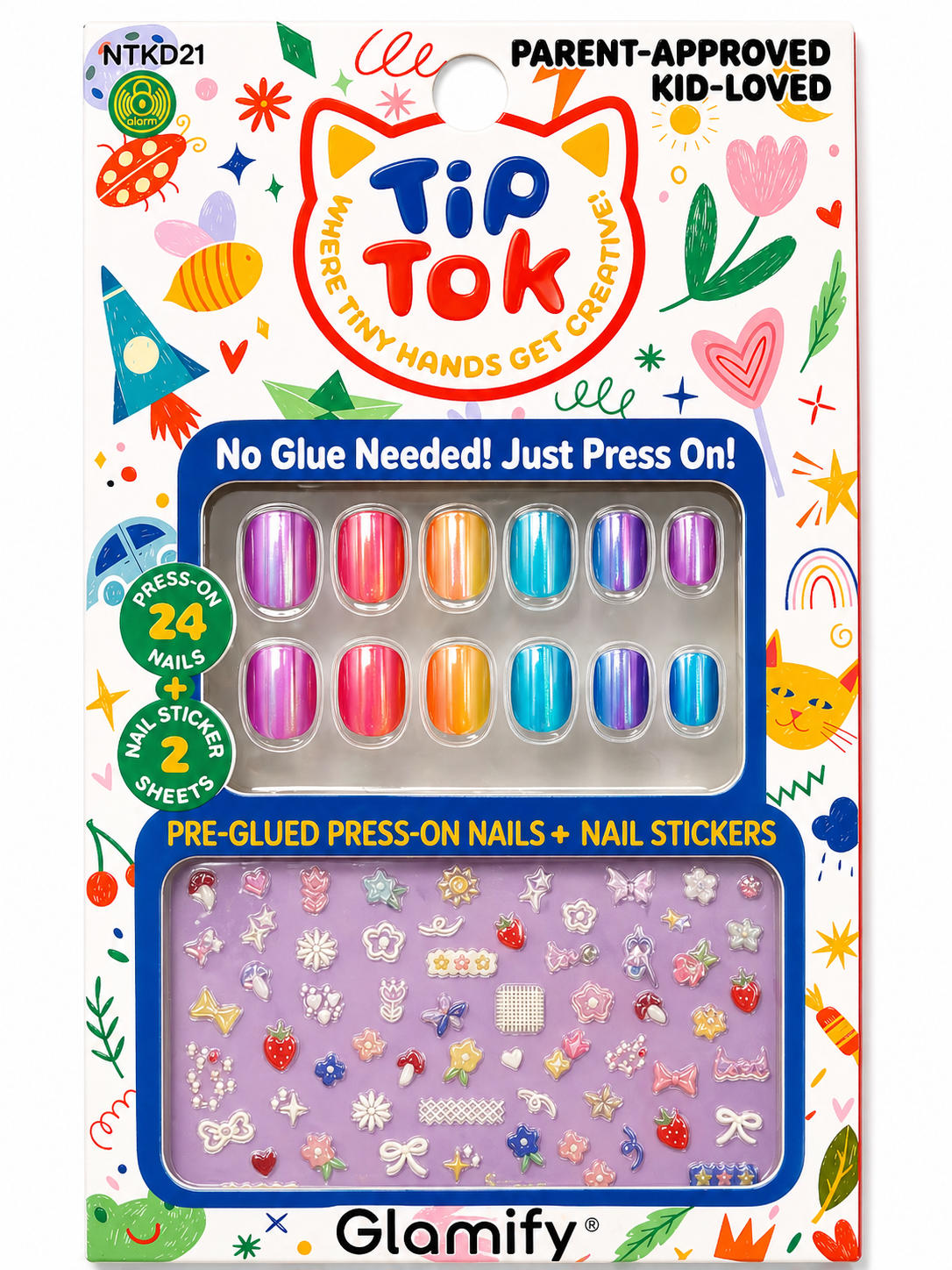 Glamify TipTok Kids Press On Nails Set Rainbow Design with Nail Stickers No Glue Needed 24 Nails NTKD21 - Elevate Styles