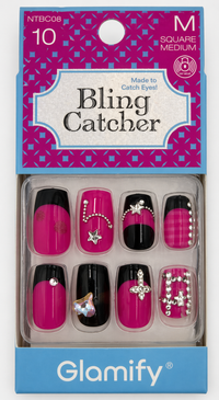 Thumbnail for Glamify Bling Catcher Press On Nails Square Medium Pink Black Crystal Accent NTBC08 - Elevate Styles