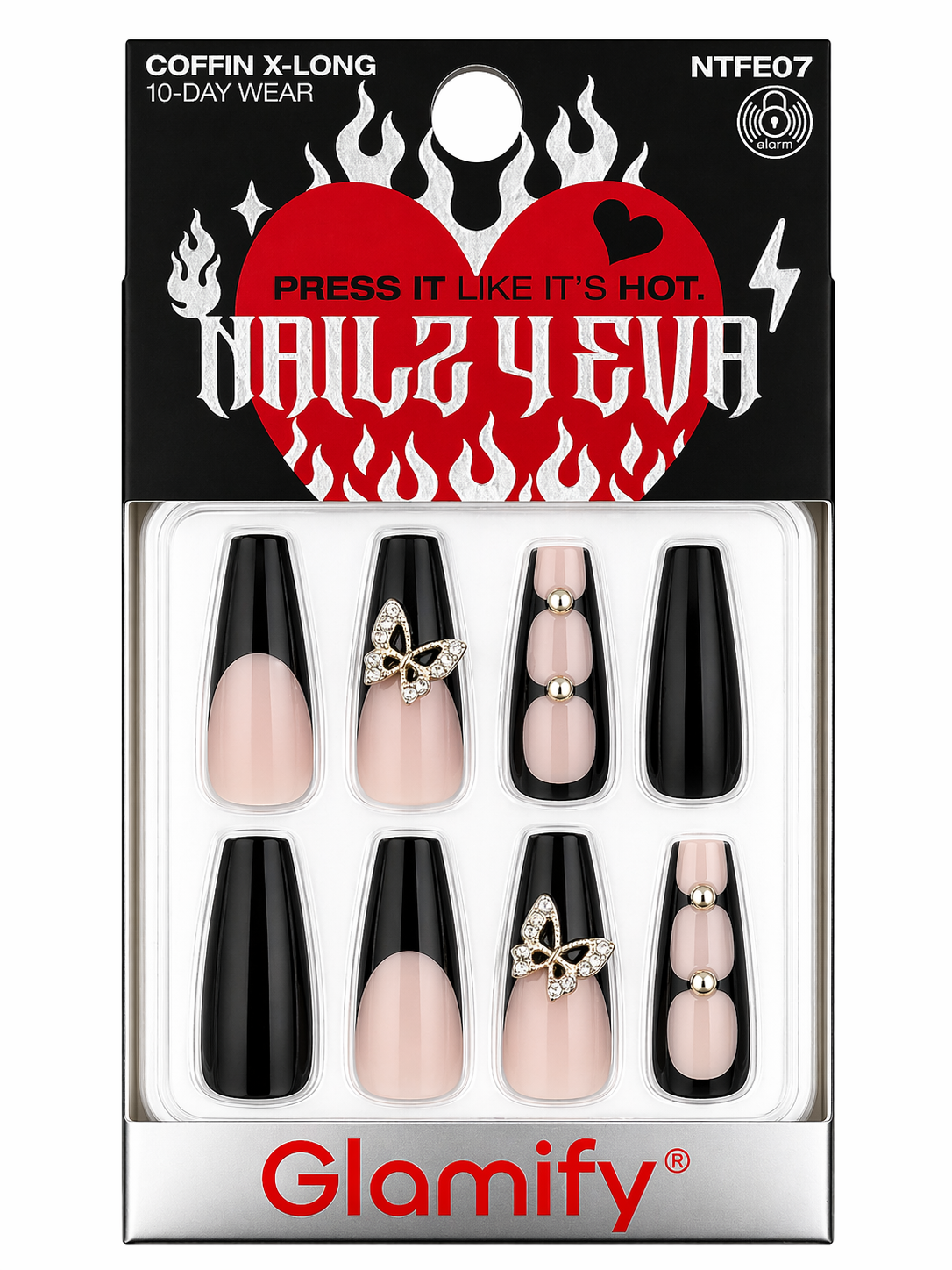 Glamify Press On Nails Coffin X Long Nude Black Butterfly Design NTFE07 - Elevate Styles