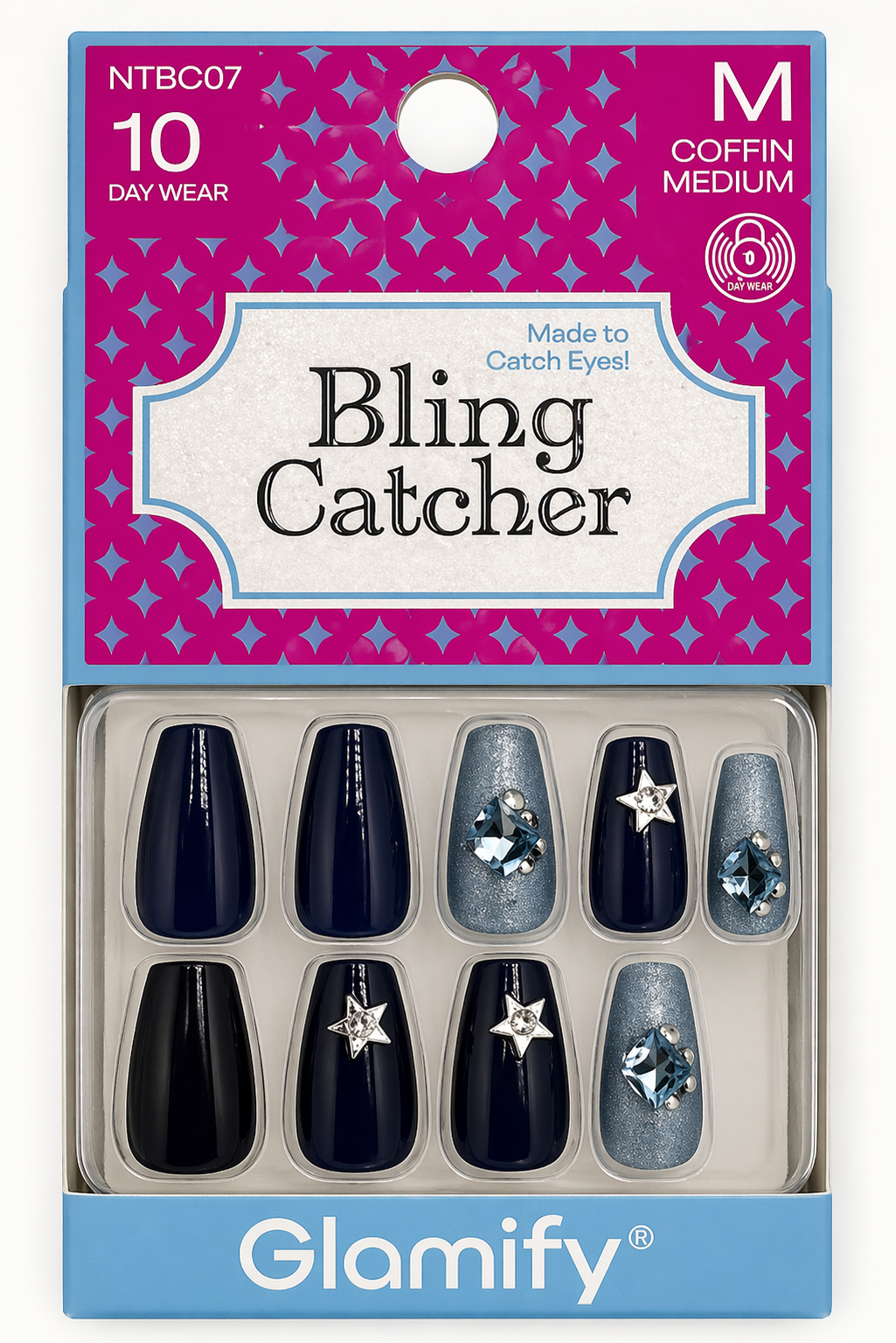 Glamify Bling Catcher Press On Nails Coffin Medium Navy Crystal Accent NTBC07 - Elevate Styles