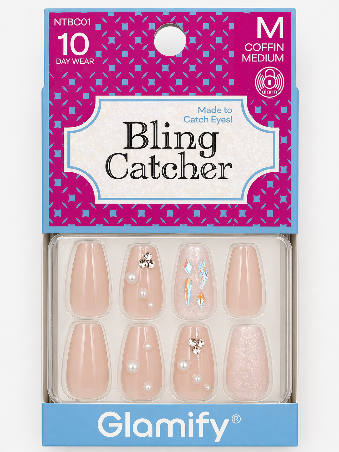 Glamify Bling Catcher Press On Nails Coffin Medium Nude Pearl Crystal Accent NTBC01 - Elevate Styles