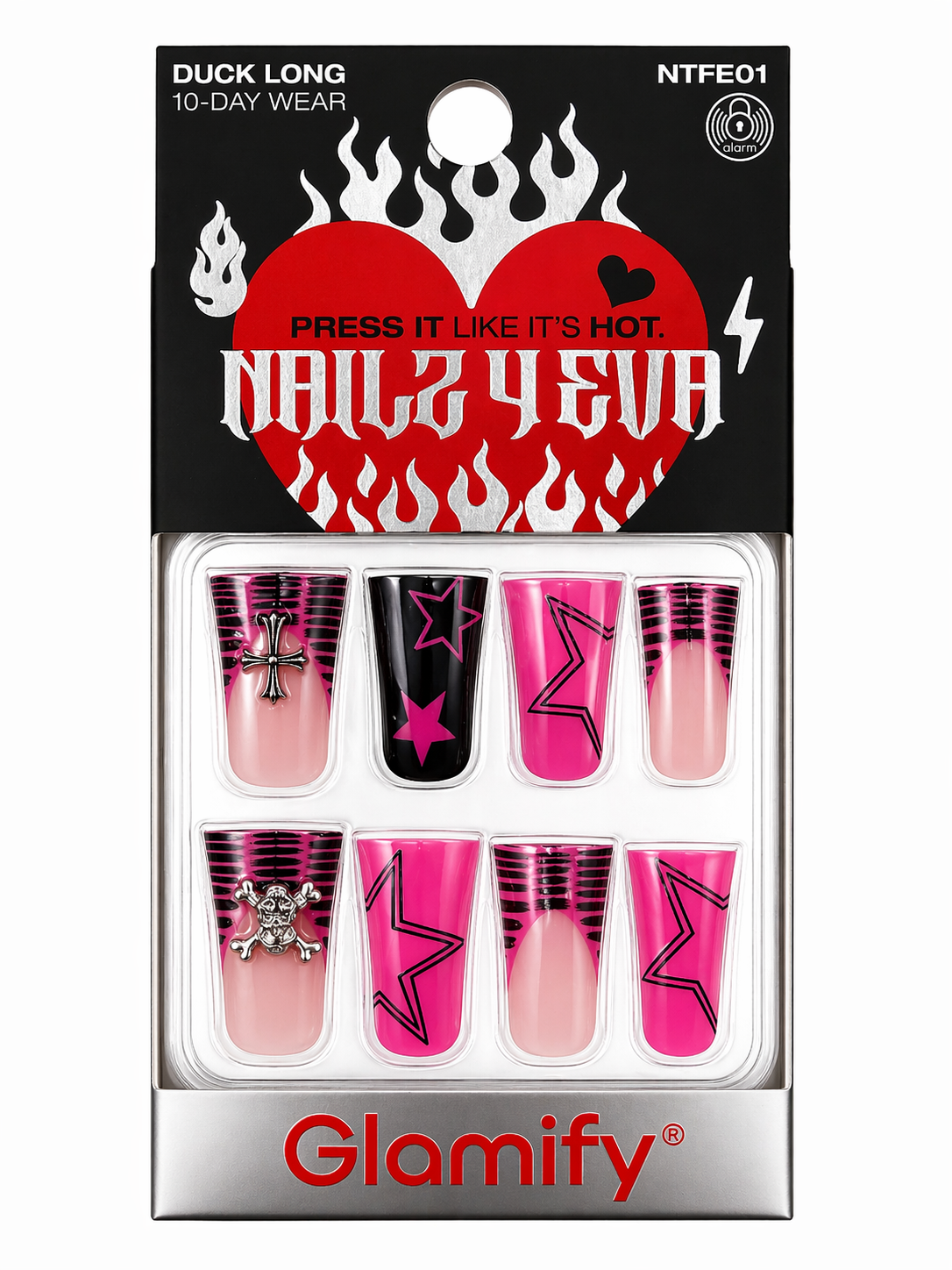 Glamify Press On Nails Duck Long Pink Black Star Design NTFE01 - Elevate Styles