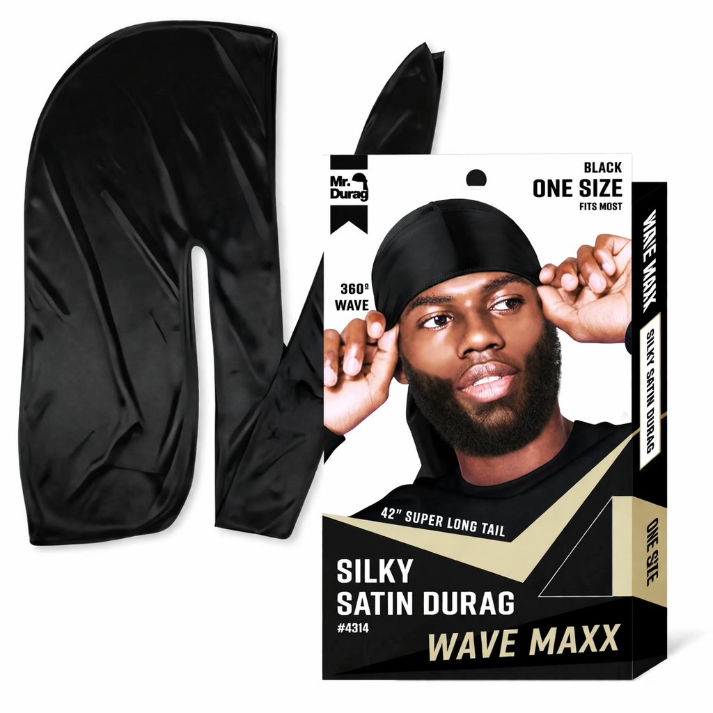 Mr Durag Wave Maxx Silky Satin Durag Black  42 Inch Long Tail 360 Wave Cap 4313 - Elevate Styles