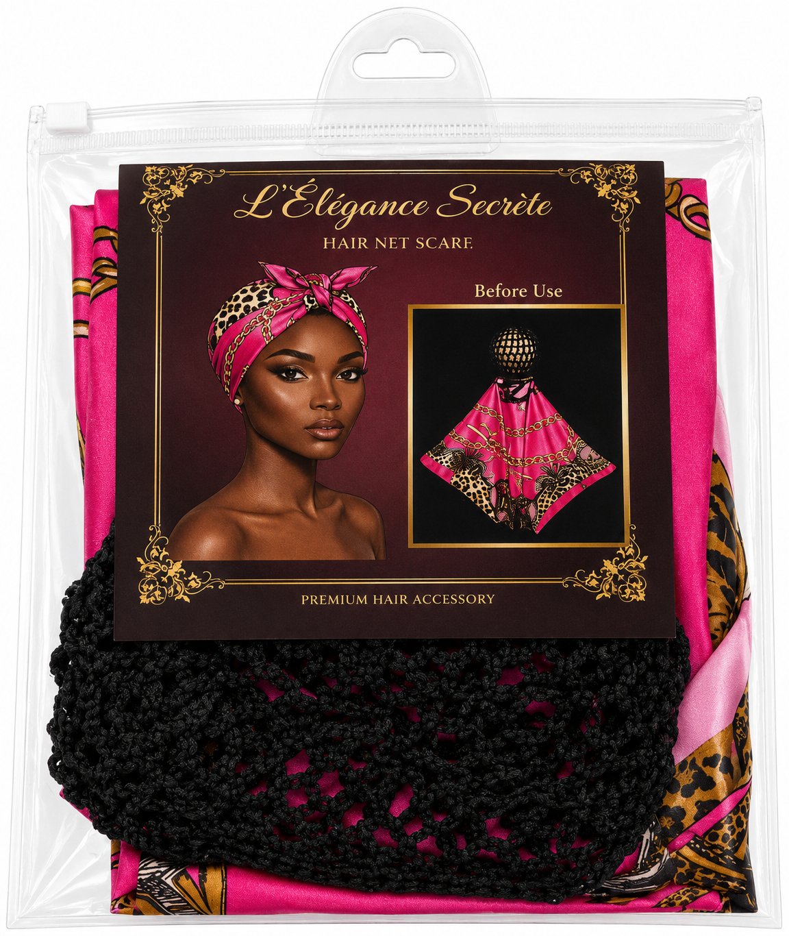 L'Élégance Secrète Premium Hair Net Scarf – Satin Hair Wrap with Stretch Crochet Hair Net – Pink Animal Print HN014