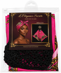 Thumbnail for L'Élégance Secrète Premium Hair Net Scarf – Satin Hair Wrap with Stretch Crochet Hair Net – Pink Animal Print HN014