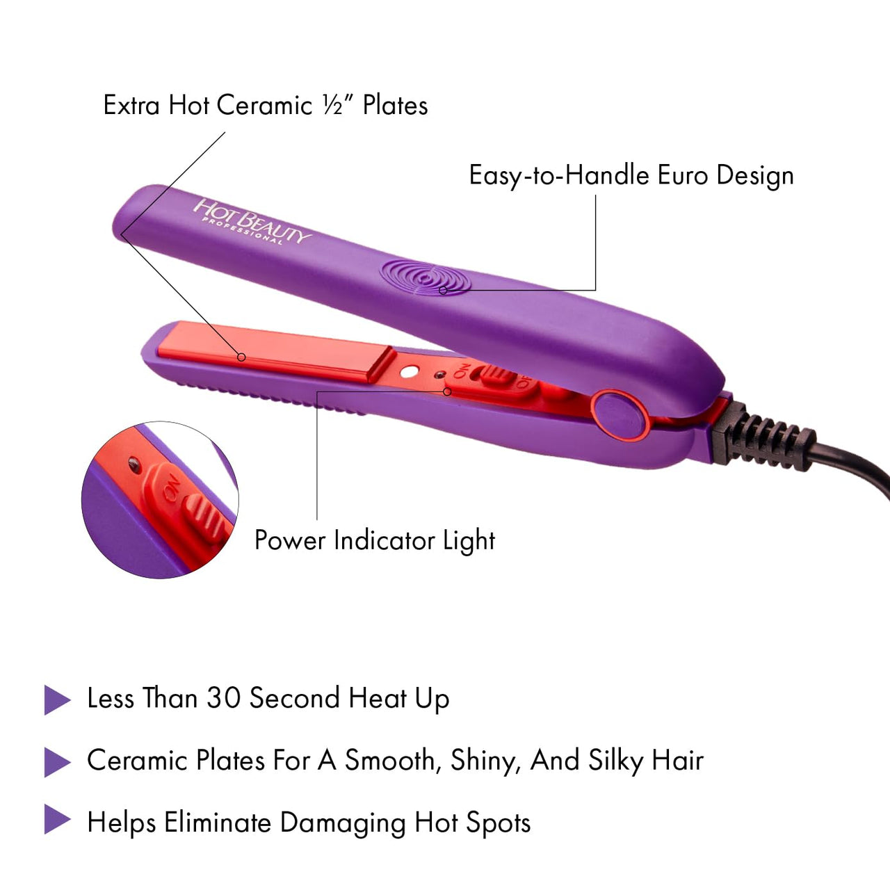 Hot Beauty Professional Ceramic Mini Flat Iron – 1/2" (Purple)