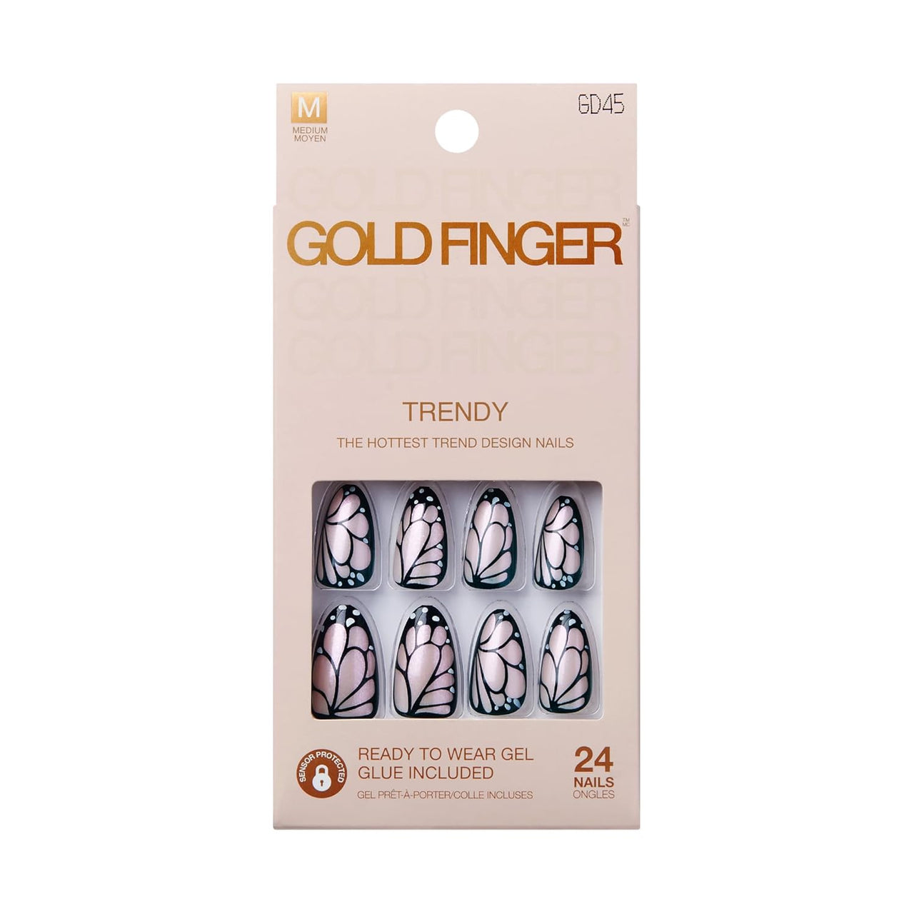 Gold Finger Trendy Ready-to-Wear Gel Nails – Medium Almond Butterfly (GD45)