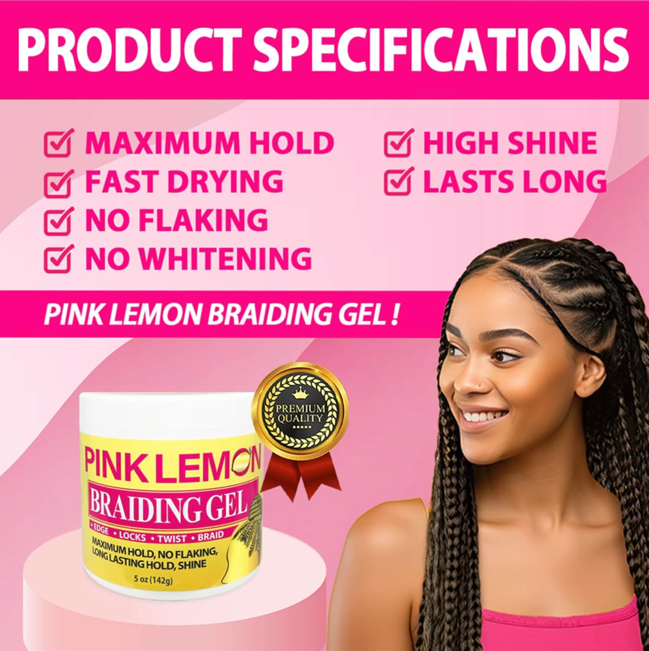 Pink Lemon Braiding Gel – Maximum Hold for Edges, Locks, Twists & Braids (5 oz / 142g)