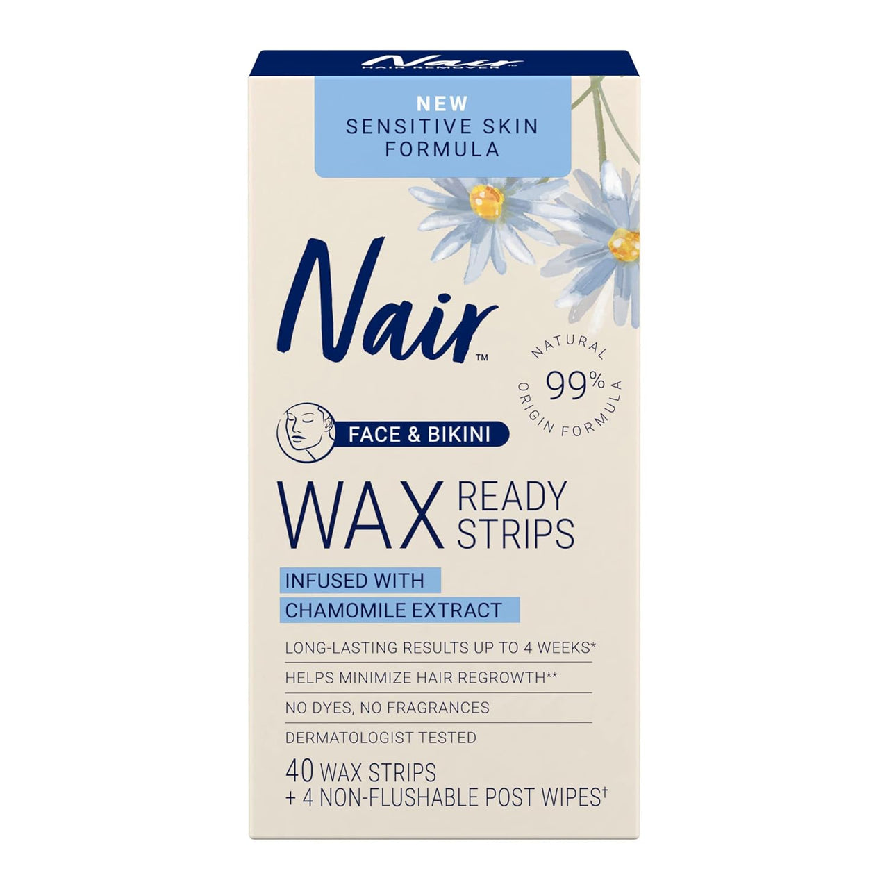 Nair Sensitive Skin Face & Bikini Wax Ready Strips – Chamomile Infused (40 Strips + 4 Wipes) - Elevate Styles