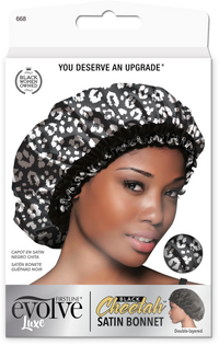 Thumbnail for Evolve Luxe Black Cheetah Satin Bonnet 668