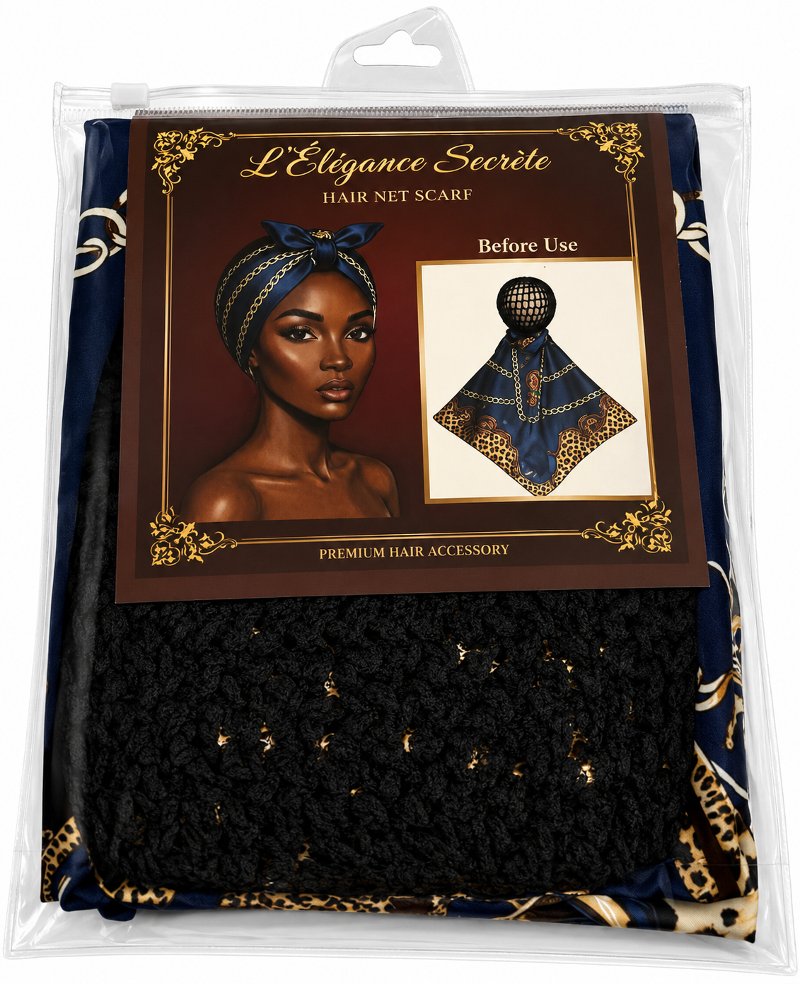 L'Élégance Secrète Hair Net Scarf – Satin Head Wrap with Built-In Stretch Hair Net | Navy & Gold Chain Print HN015