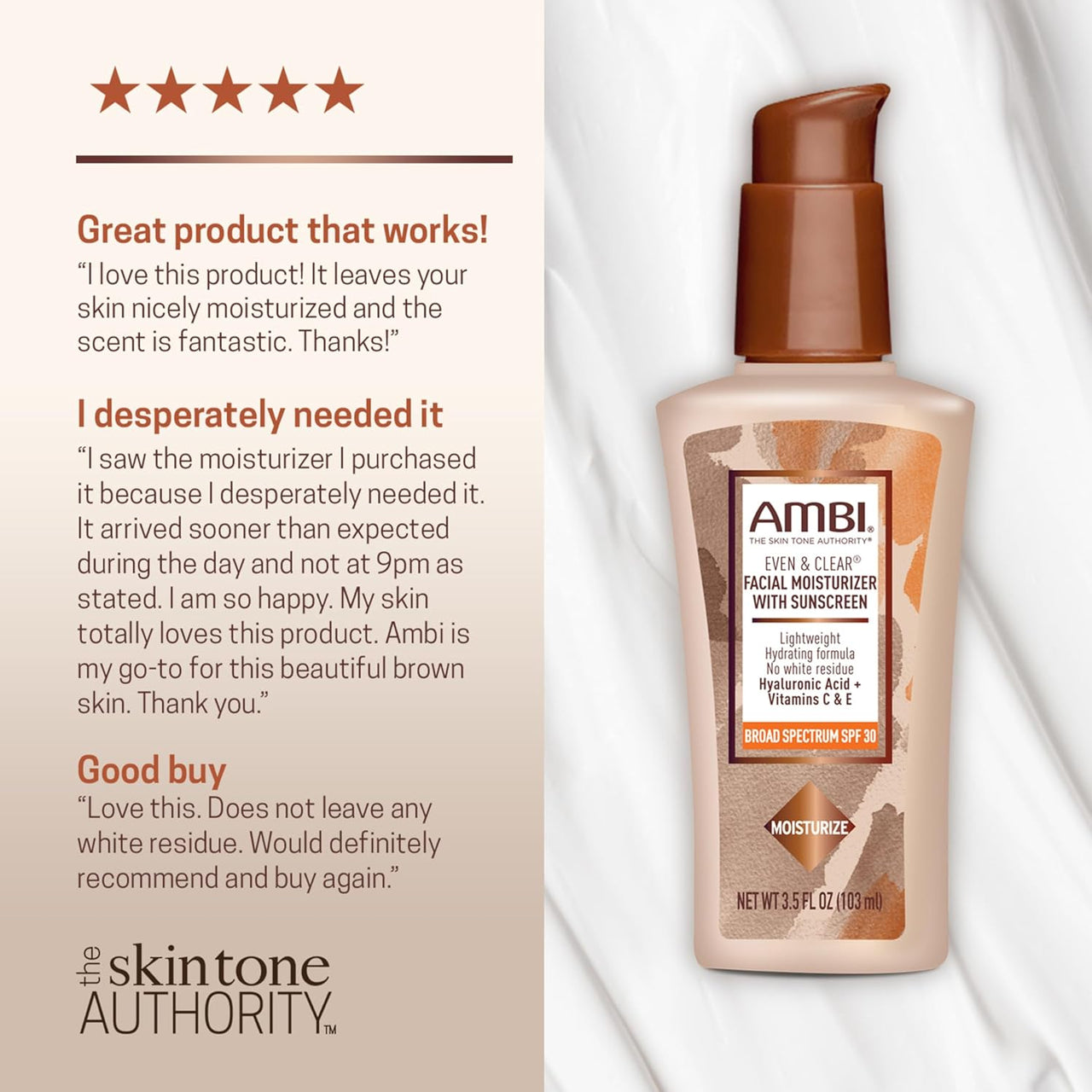 Ambi Even & Clear Facial Moisturizer with Sunscreen Broad Spectrum SPF 30 3.5 Fl. Oz. / 103 mL