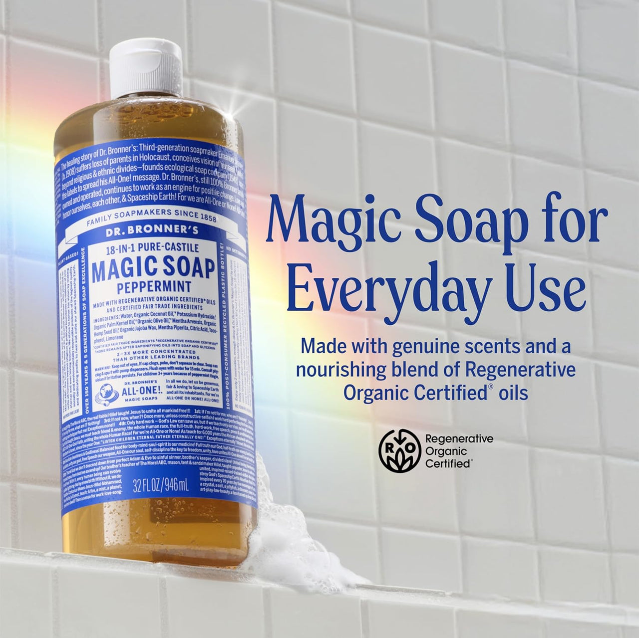 Dr. Bronner's 18-in-1 Pure-Castile Magic Soap Peppermint 32 Fl Oz / 946mL