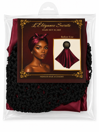 Thumbnail for L'Élégance Secrète Satin Hair Net Scarf Wrap Cap – Burgundy & Black – Built-In Stretch Hair Net HN002