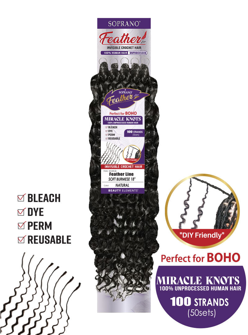 Soprano Feather 100% Unprocessed Virgin Human Hair Invisible Crochet – Soft Burmese 18" (50 Strands/100 Folded) - Elevate Styles