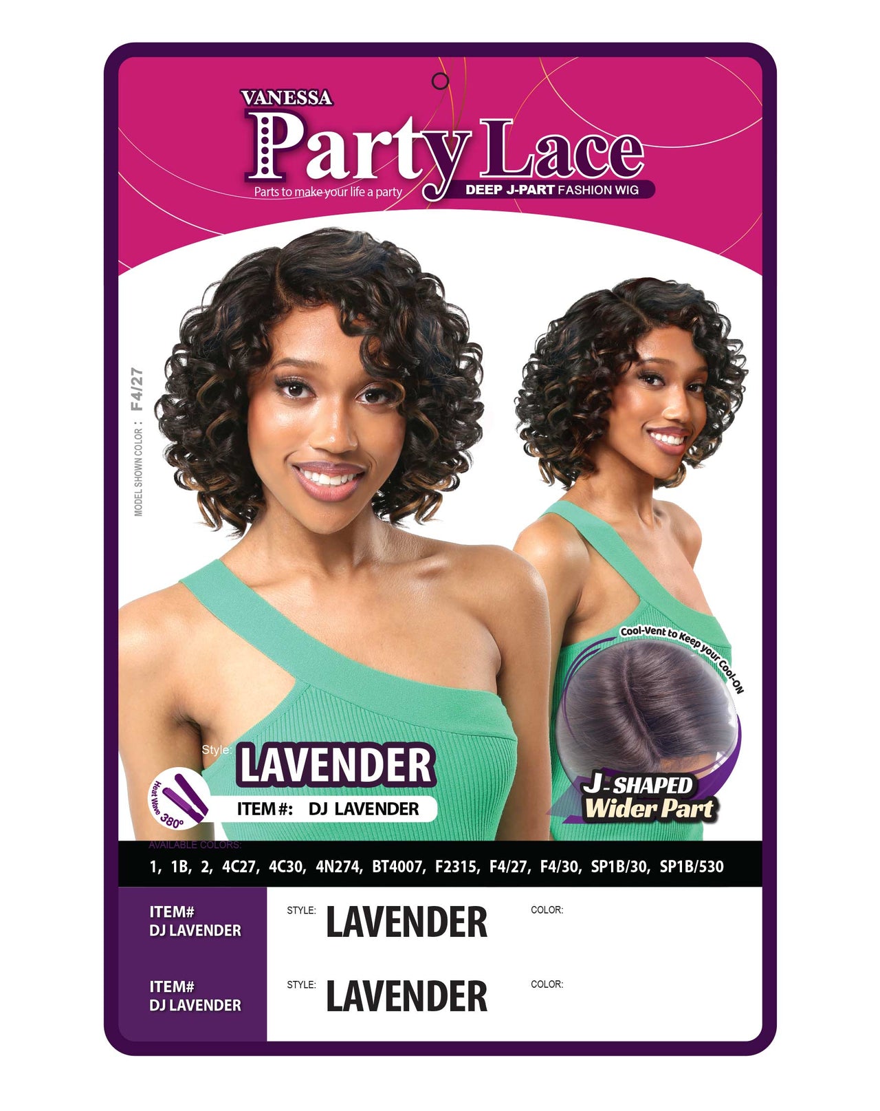 Vanessa Party Lace Synthetic Deep J-Part Fashion Wig - LAVENDER