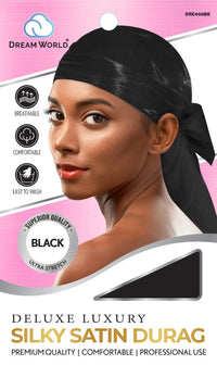 Thumbnail for Dream World Deluxe Luxury Silky Satin Durag – Black (DRE400BK) - Elevate Styles