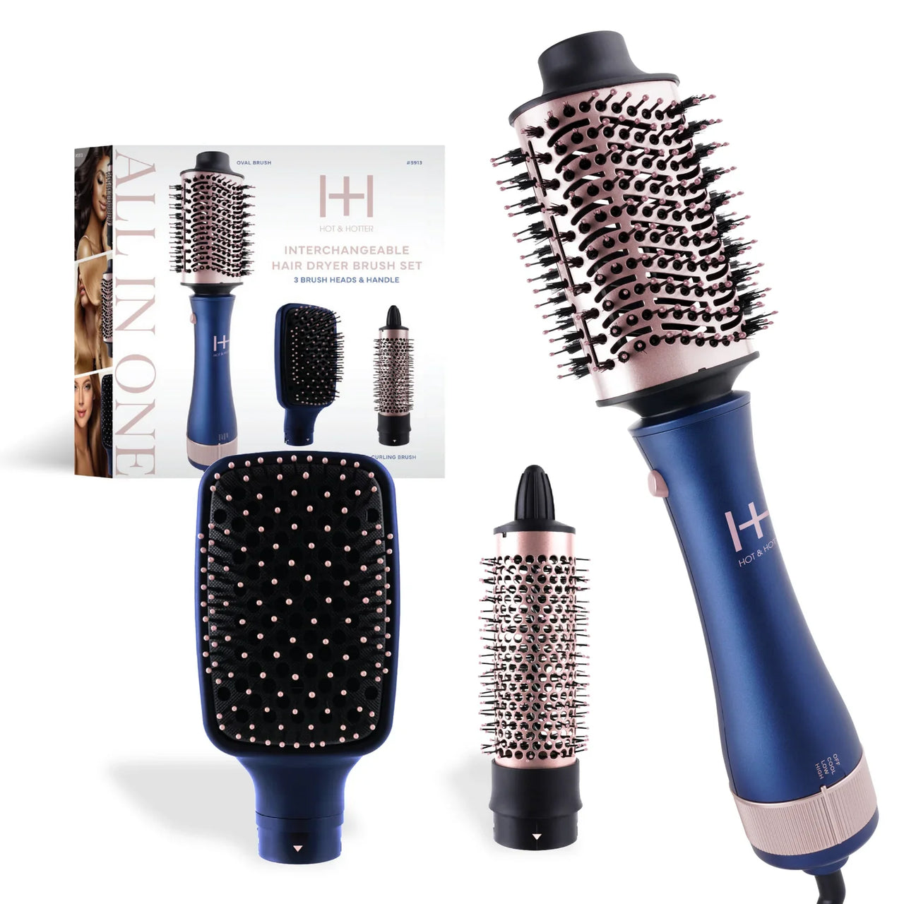 Hot & Hotter All-In-One Interchangeable Hair Dryer Brush, 1 Count Hair Styling Tool Set, Blue - Elevate Styles