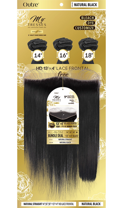 Outre MyTresses 100% Unprocessed Gold Label Natural Straight 3 Bundle Set  + 13 x 4 HD Closure - Elevate Styles