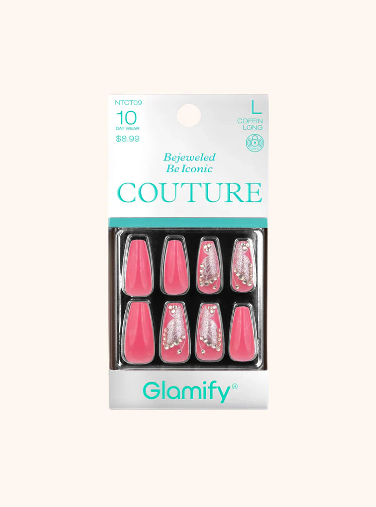 Glamify Couture Press On Nails Coffin Long Coral Crystal Accent NTCT09 - Elevate Styles