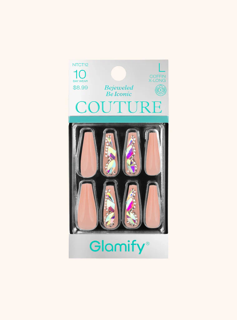 Glamify Couture Press On Nails Coffin X Long Nude Multi Crystal Accent NTCT12 - Elevate Styles