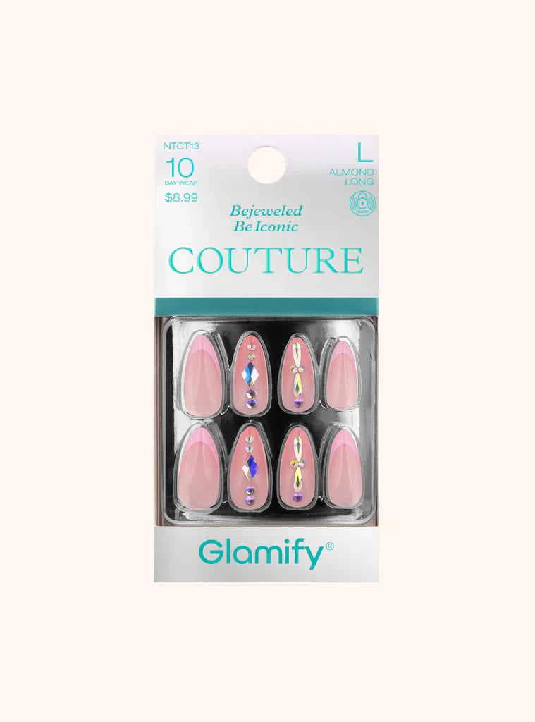 Glamify Couture Press On Nails Almond Long Nude Iridescent Crystal Accent NTCT13 - Elevate Styles