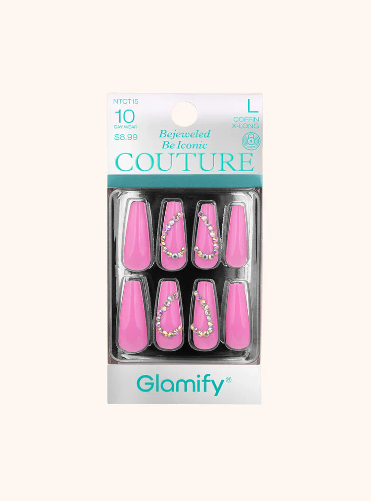 Glamify Couture Press On Nails Coffin X Long Pink Crystal Accent NTCT15 - Elevate Styles