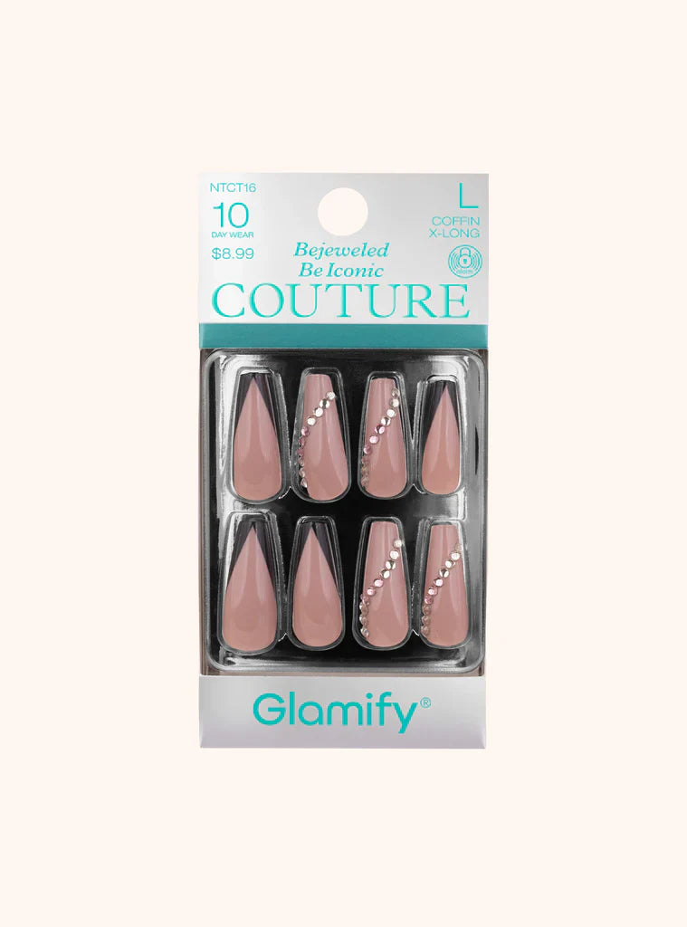 Glamify Couture Press On Nails Coffin X Long Nude Crystal Accent NTCT16 - Elevate Styles