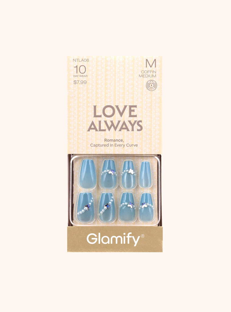 Glamify Love Always Press On Nails Coffin Medium Sky Blue Pearl Accent NTLA06 - Elevate Styles