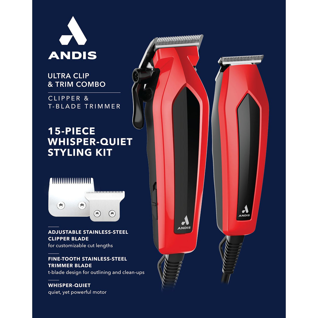 Andis Ultra Clip & Trim Combo Clipper & T-Blade Trimmer 15-Piece Whisper-Quiet Styling Kit - Elevate Styles