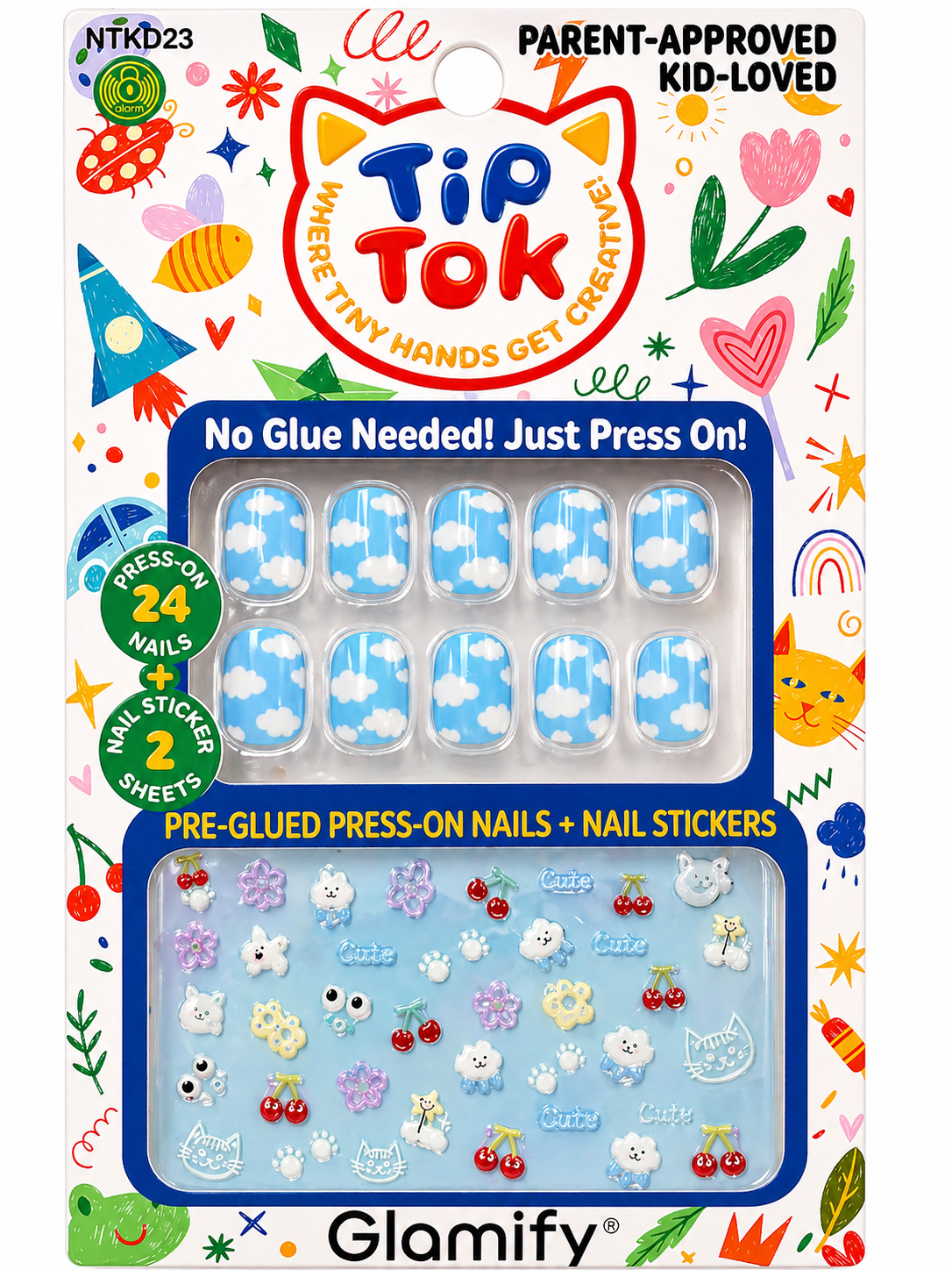 Glamify TipTok Kids Press On Nails Set Cloud Design with Nail Stickers No Glue Needed 24 Nails NTKD23 - Elevate Styles