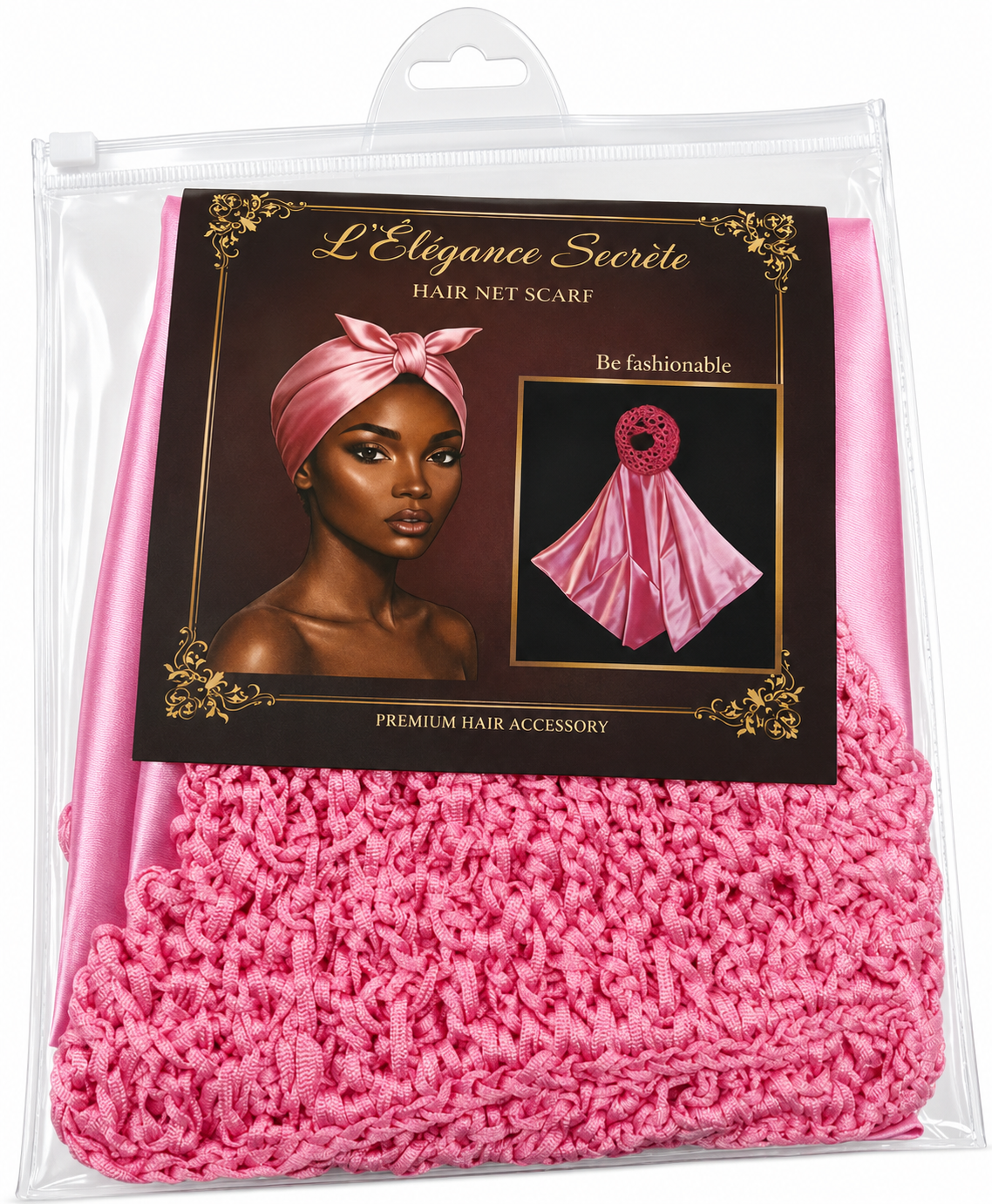 L'Élégance Secrète Premium Hair Net Scarf – Satin Head Wrap with Stretch Crochet Hair Net – Pink HN003