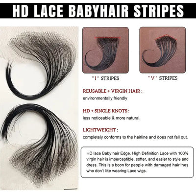 2pcs HD Lace Baby Hair Pieces Long Wavy Instant Swiss Lace Fluff Baby Hair Reusable Virgin Human Hair Invisible Edge Stripes Hairline for Women Natural Black - Elevate Styles
