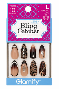 Thumbnail for Glamify Bling Catcher Press On Nails Almond Long Leopard Rhinestone Design NTBC03 - Elevate Styles