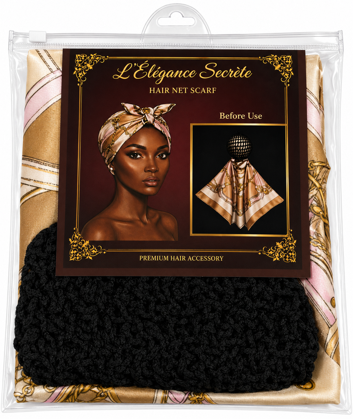 L'Élégance Secrète Hair Net Scarf – Satin Head Wrap with Built-In Stretch Hair Net | Champagne & Blush Chain Print HN020