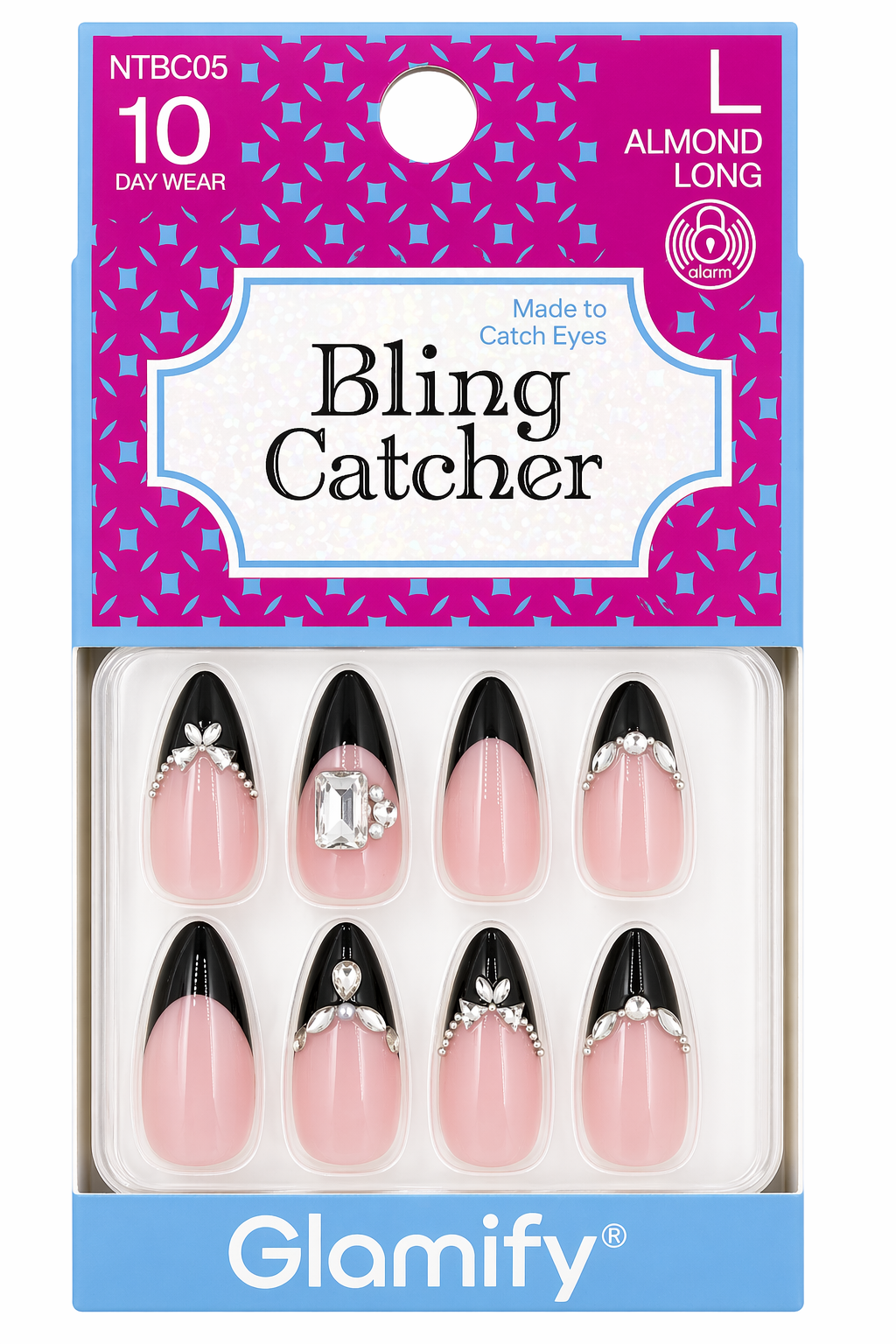Glamify Bling Catcher Press On Nails Almond Long Black Tip Rhinestone Design NTBC05 - Elevate Styles