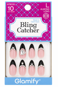 Thumbnail for Glamify Bling Catcher Press On Nails Almond Long Black Tip Rhinestone Design NTBC05 - Elevate Styles