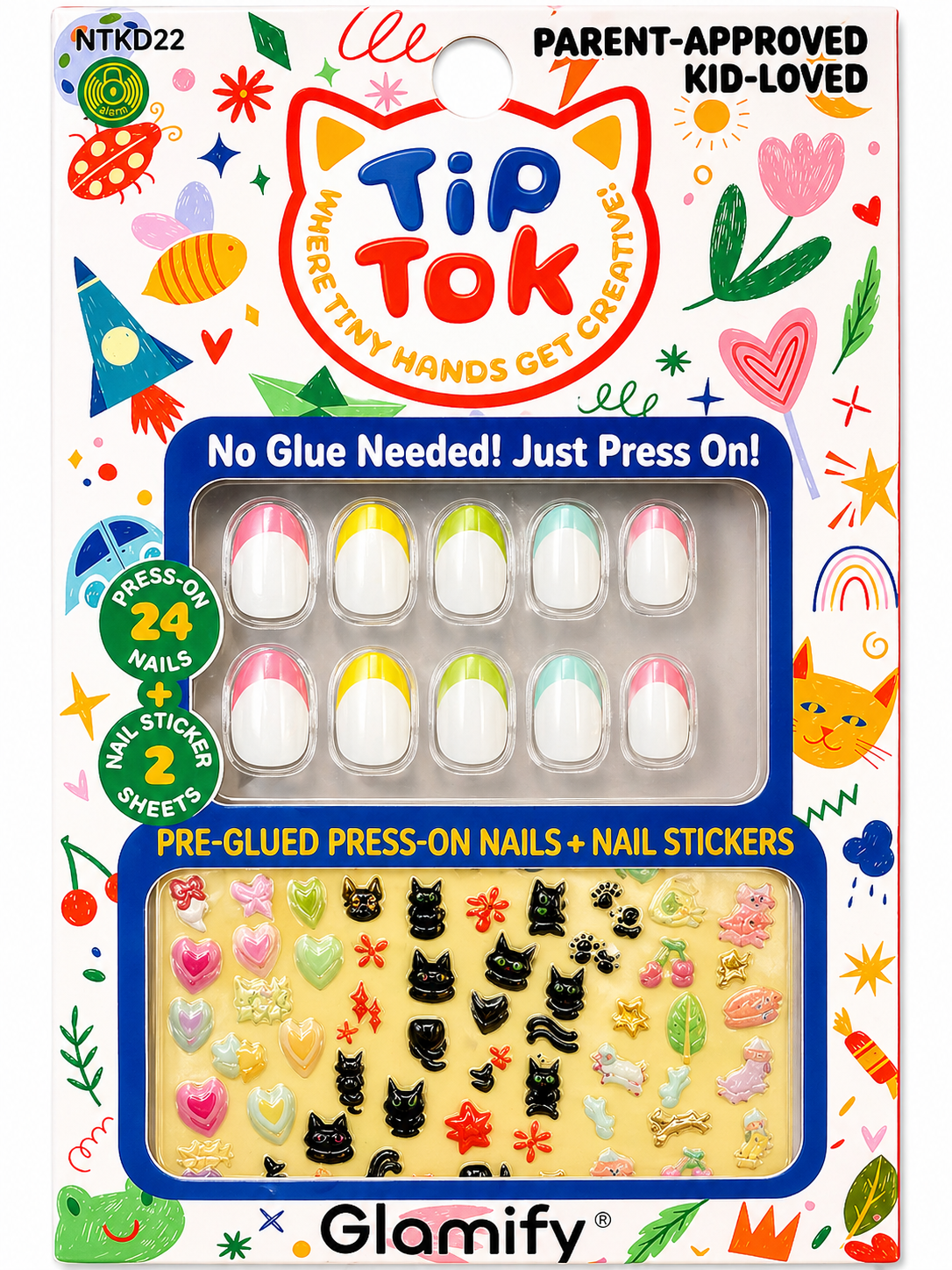Glamify TipTok Kids Press On Nails Set Color Tip French Design with Nail Stickers No Glue Needed 24 Nails NTKD22 - Elevate Styles