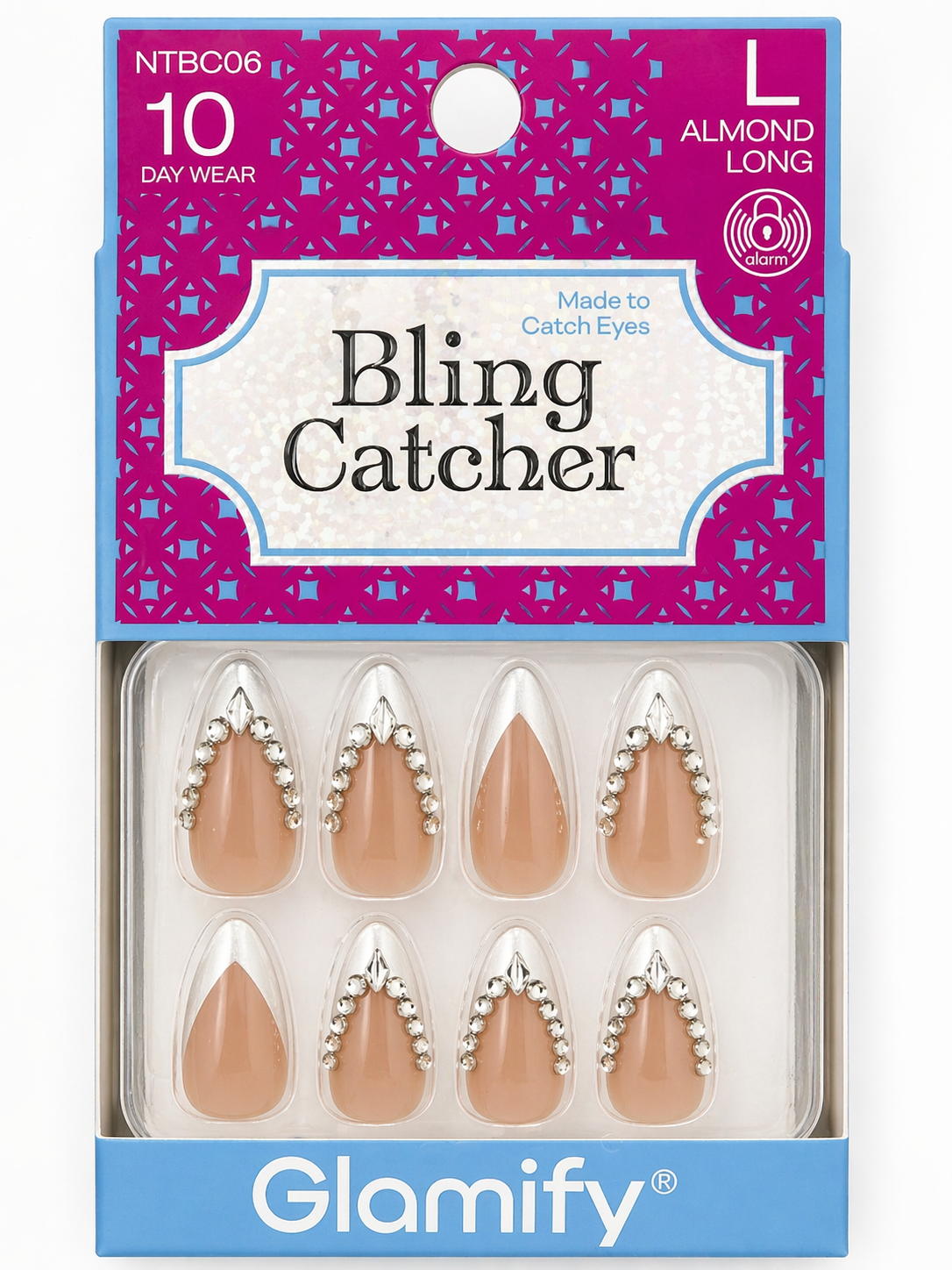 Glamify Bling Catcher Press On Nails Almond Long Nude Silver Crystal Accent NTBC06 - Elevate Styles