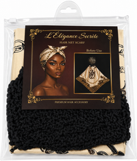 Thumbnail for L'Élégance Secrète Premium Hair Net Scarf – Satin Hair Wrap with Stretch Crochet Hair Net – Black & Beige Print HN006