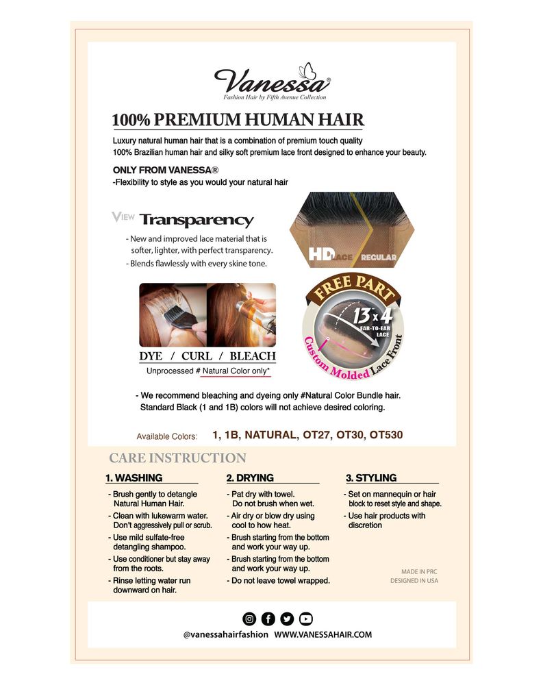 Vanessa Premium Brazilian Human Hair 13x4 HD Lace Front Wig - H134 Joria