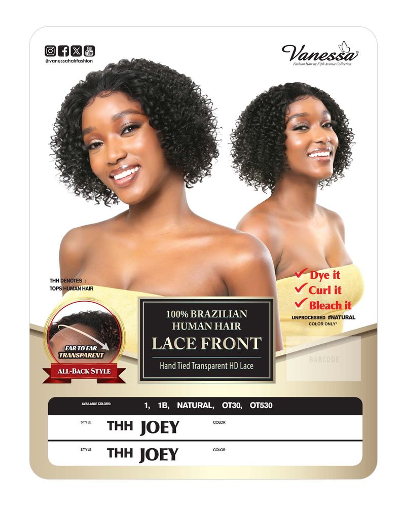 Vanessa THH Joey 100% Brazilian Human Hair HD Lace Front Wig – Hand-Tied Transparent Ear-to-Ear All-Back Curly Styler